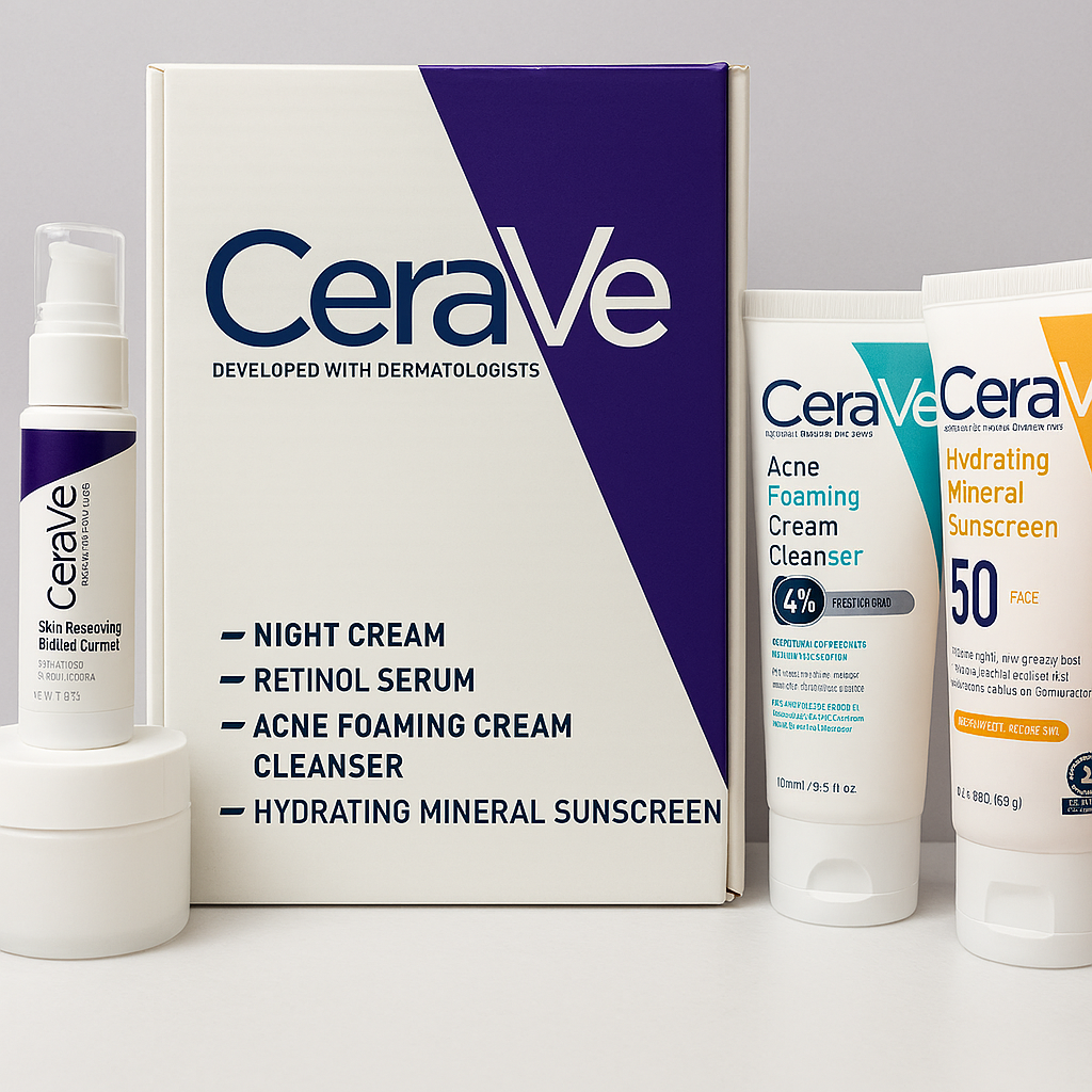 CeraVe Skincare Set ? Night Cream, Retinol Serum, Acne Foaming Cream Cleanser, and Hydrating Mineral Sunscreen SPF 50 ? Dermatologist Developed