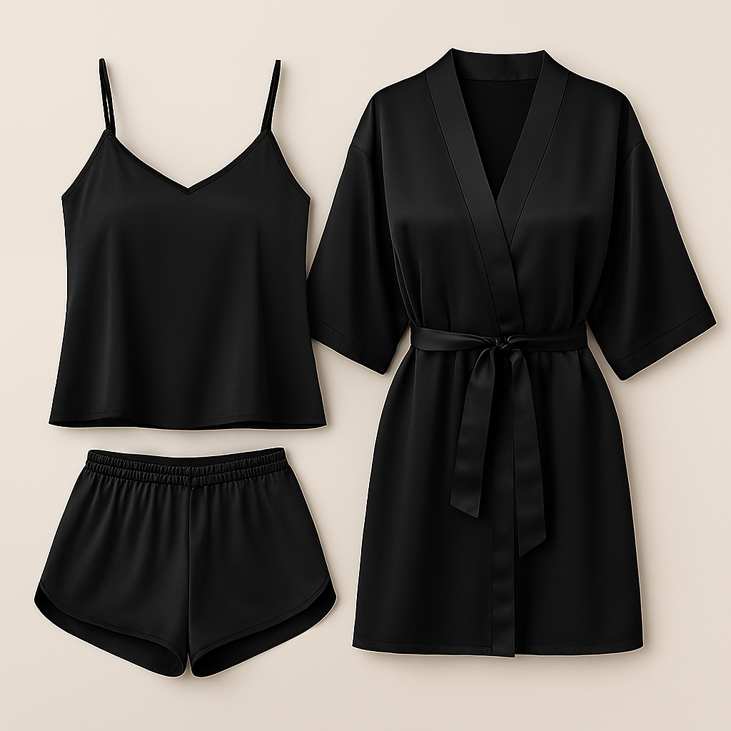 3-Piece Satin Sleepwear Set for Women ? Camisole, Shorts & Robe | Elegant Nightwear & Loungewear ? Free Size (DC-3003)