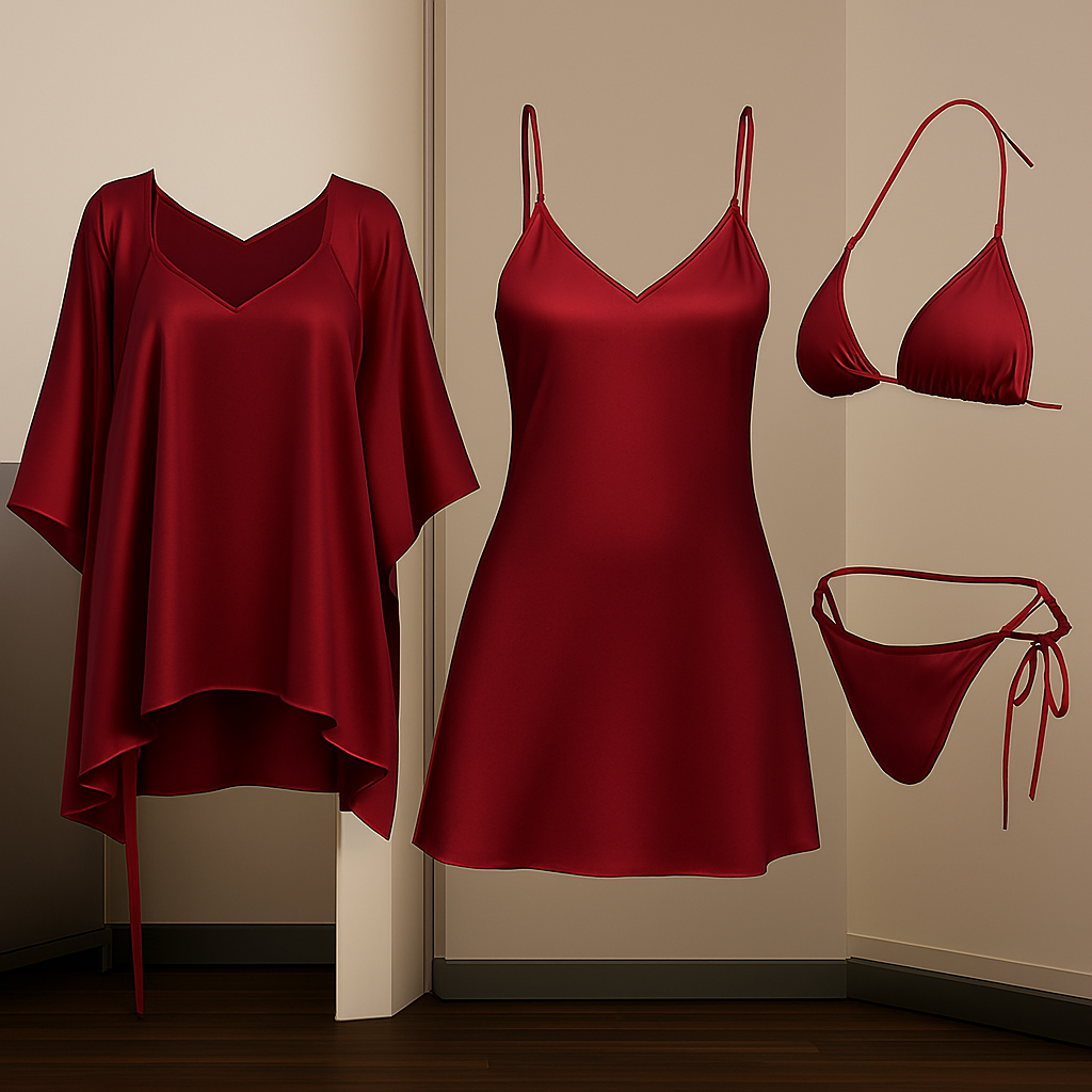 Luxury Satin Sleepwear Trio for Women | Robe, Slip Dress & Halter Bikini Set | Free Size (DC-5001)