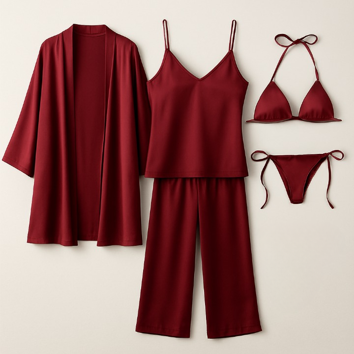 5-Piece Satin Sleepwear Set ? Robe, Camisole, Pants & Bikini Nightwear ( DC-5002)