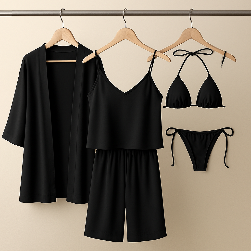 5-Piece Satin Sleepwear Set ? Robe, Camisole, Pants & Bikini Nightwear ( DC-5002)