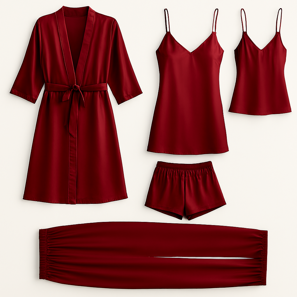 5-Piece Satin Sleepwear Set ? Robe, Camisole, Shorts, Pants & Slip Dress (DC-5002)