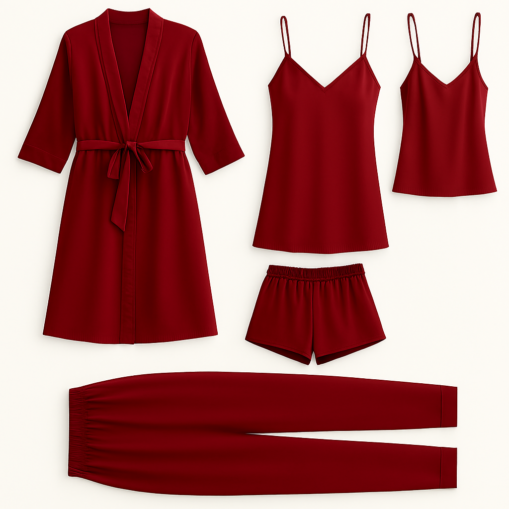 5-Piece Satin Sleepwear Set ? Robe, Camisole, Shorts, Pants & Slip Dress (DC-5002)