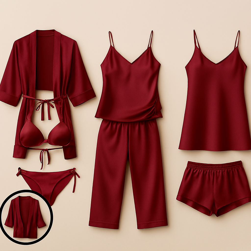 7-Piece Satin Sleepwear & Lingerie Set for Women ? Luxury Nightwear Collection with Robe, Slip Dress, Camisole & More (DC-7001)