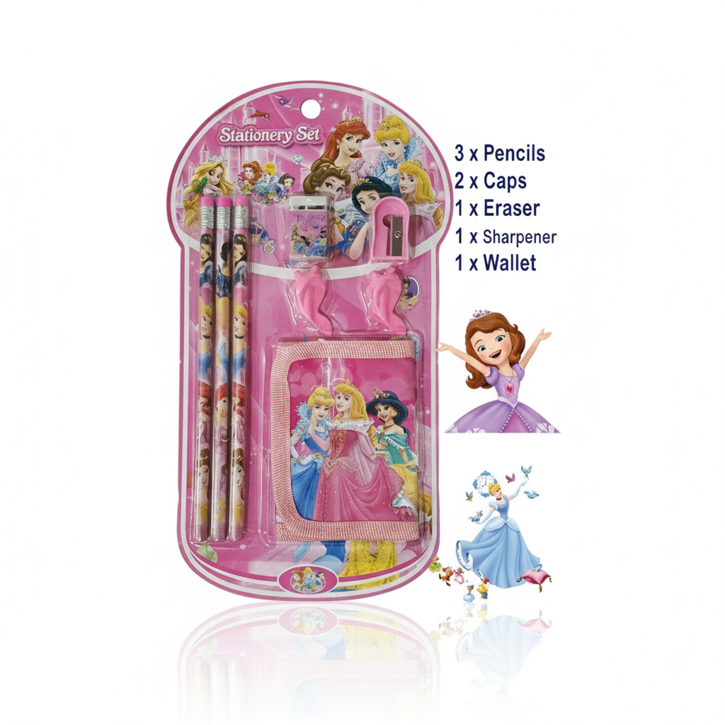 8 Pcs Disney Stationery Gift Set for Kids ? Includes Pencils, Eraser, Sharpener, Pencil Caps & Wallet (Random Character)
