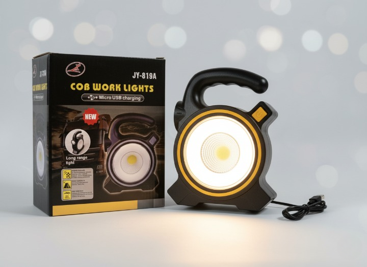 COB LED Work Light JY-819A ? Rechargeable Portable Torch with Micro USB Charging, Ultra-Bright Illumination & Durable Design for Home, Car & Outdoor Use