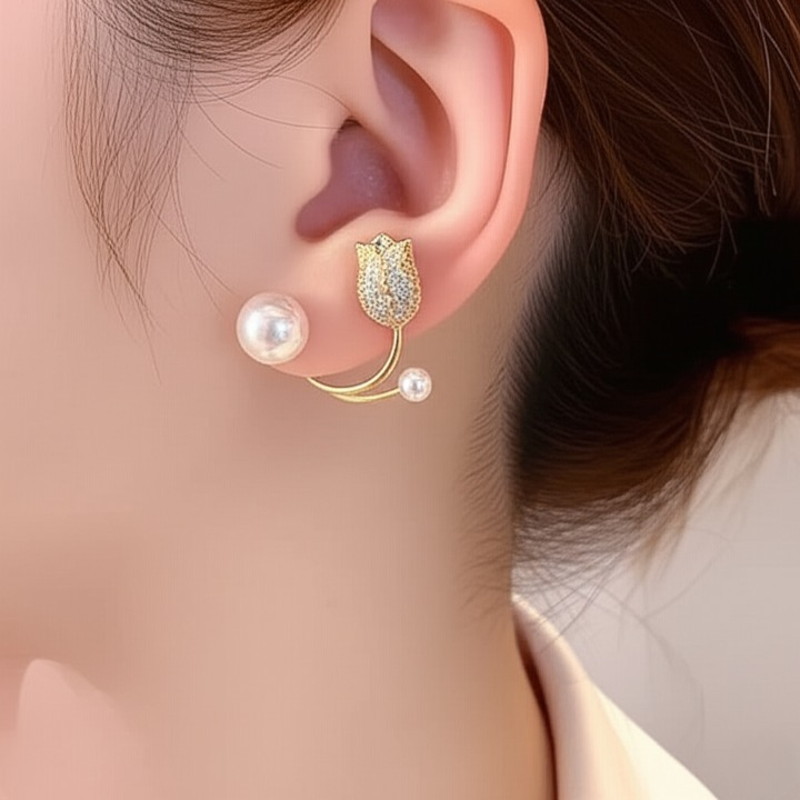 Beautiful Pearl Zircon Korean Flower Earrings for Women ? Elegant Floral Design with Sparkling Zircon and Pearl Detailing | Premium Silver and Golden Fashion Jewelry for Parties, Weddings, and Daily Wear | AWT-999