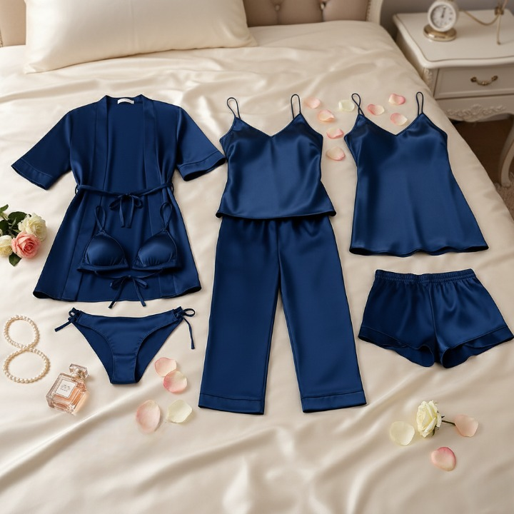 7-Piece Satin Sleepwear & Lingerie Set for Women ? Luxury Nightwear Collection with Robe, Slip Dress, Camisole & More (DC-7001)