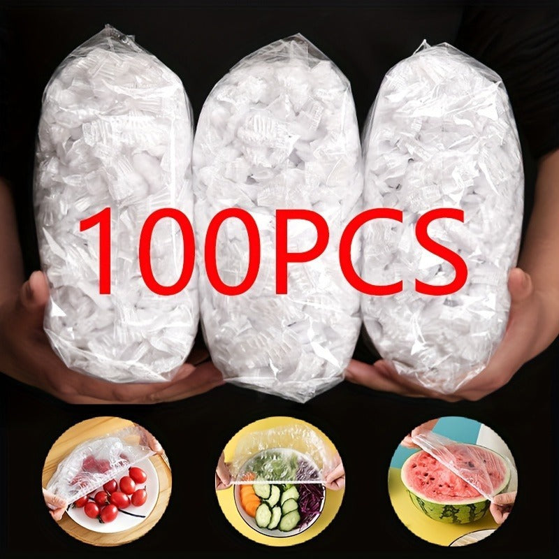 100pcs Stretchable Plastic Food Covers ? Disposable Transparent Wrap for Bowls, Plates, Fruits, Vegetables ? Anti-Dust, Food-Grade Cling Film