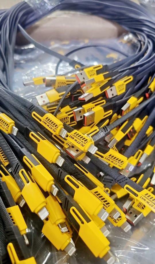 4 in 1 Data Cable Pack of 2 ? USB-C & Lightning Connectors, Braided Durable Design, Fast Charging & Data Transfer, Black with Yellow Connectors