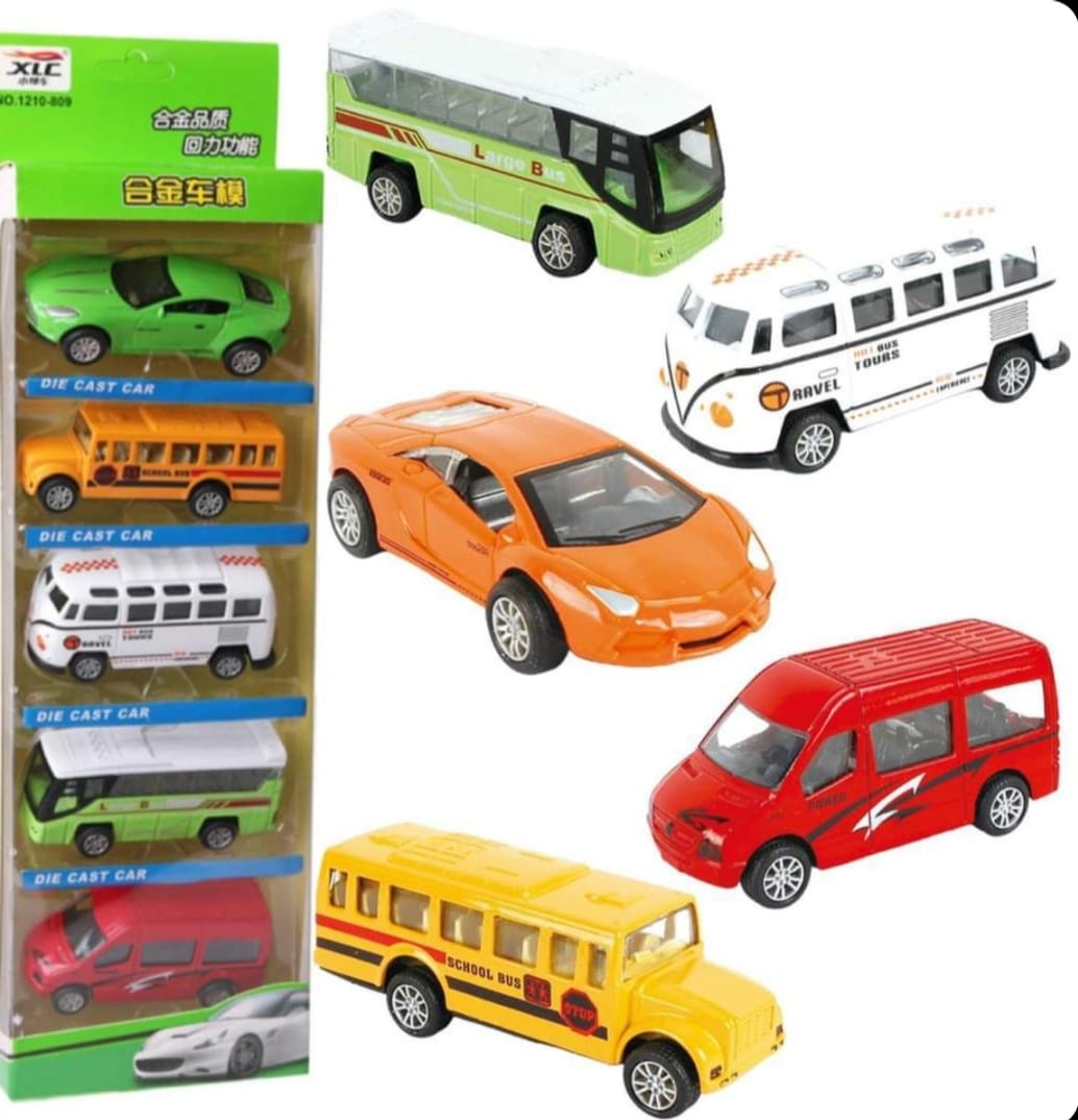 5-Piece Die Cast Metal Car and Bus Set ? 1:64 Scale City Vehicle Collection for Kids ? Pull Back & Release ? Durable Metal & Plastic Construction ? Educational Toy for Ages 3