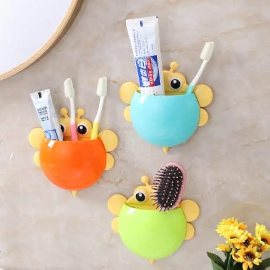 Bee Shaped Plastic Toothbrush Holder with Suction Hook ? Cute Wall Mounted Toothbrush Stand for Kids & Travel (Random Colors)