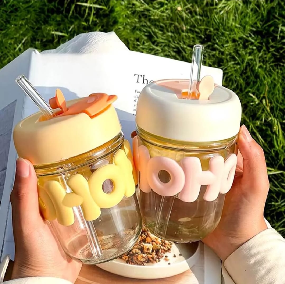 Cute Glass Straw Cup for Girls ? 350ml Portable Insulated Water Cup with Straw, Lid & Chain Handle | Summer Travel Drinkware