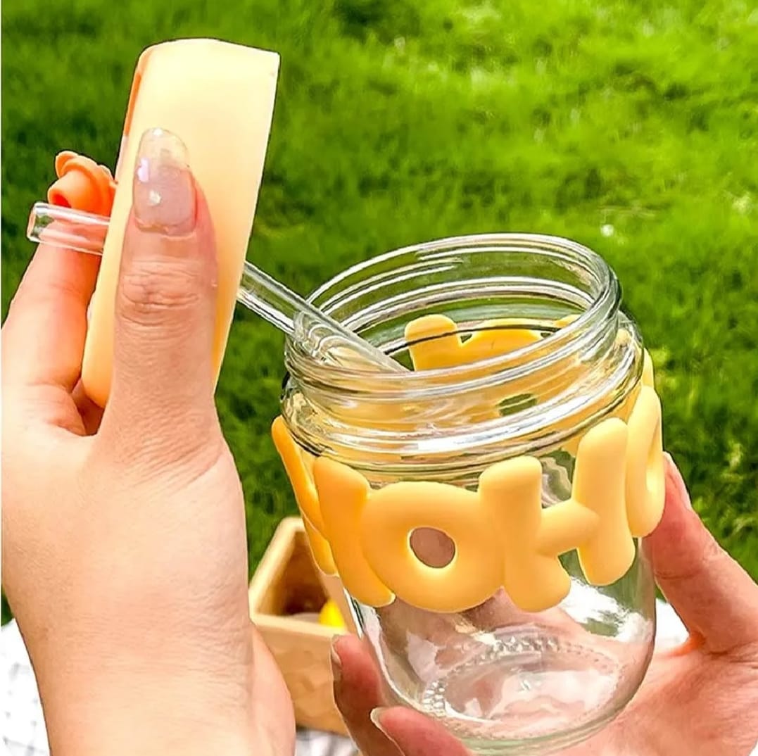 Cute Glass Straw Cup for Girls ? 350ml Portable Insulated Water Cup with Straw, Lid & Chain Handle | Summer Travel Drinkware