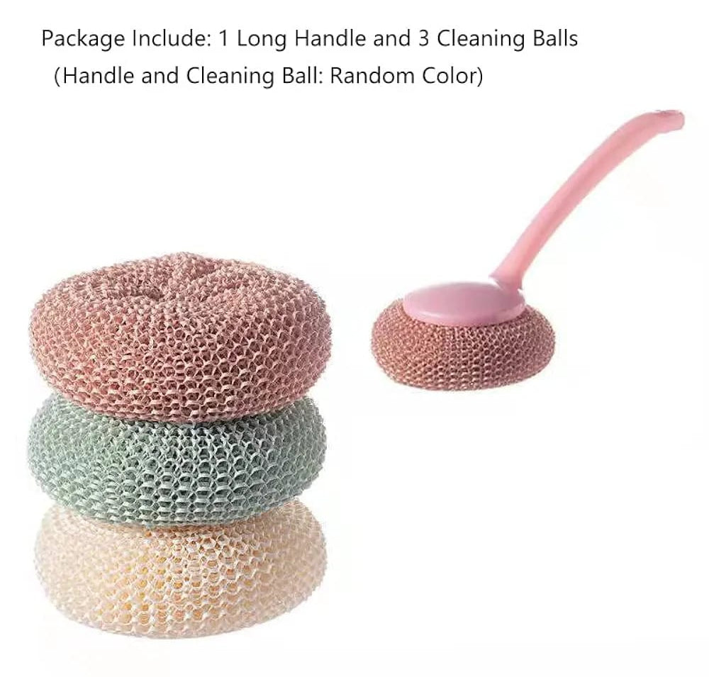 Multipurpose Fiber Cleaning Balls with Long Handle ? Reusable Scrubbers for Kitchen & Household Cleaning (1 Handle & 3 Balls)(Random color)