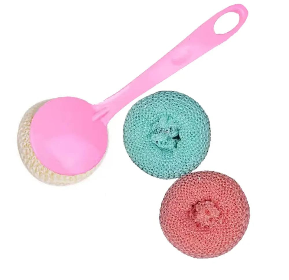 Multipurpose Fiber Cleaning Balls with Long Handle ? Reusable Scrubbers for Kitchen & Household Cleaning (1 Handle & 3 Balls)(Random color)