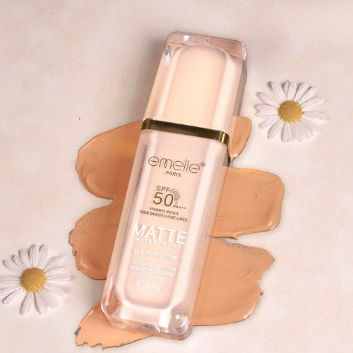 Emelie Paris SPF 50 Foundation with Primer (30 ml) ? Full Coverage, Waterproof, Matte Finish - Shade # 1