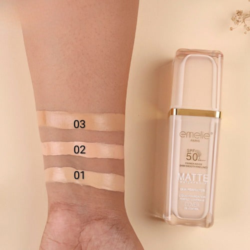 Emelie Paris SPF 50 Foundation with Primer (30 ml) ? Full Coverage, Waterproof, Matte Finish - Shade # 1