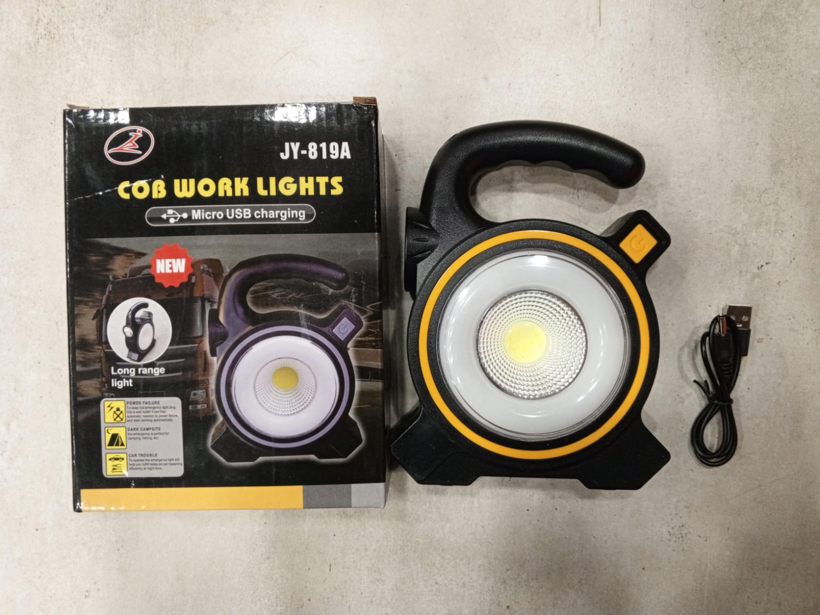 COB LED Work Light JY-819A ? Rechargeable Portable Torch with Micro USB Charging, Ultra-Bright Illumination & Durable Design for Home, Car & Outdoor Use