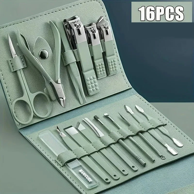 16pcs Professional Manicure & Pedicure Set ? Nail Clippers, Cuticle Nippers & Grooming Tools with Travel Case (Random color)