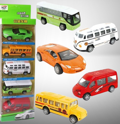 5-Piece Die Cast Metal Car and Bus Set ? 1:64 Scale City Vehicle Collection for Kids ? Pull Back & Release ? Durable Metal & Plastic Construction ? Educational Toy for Ages 3
