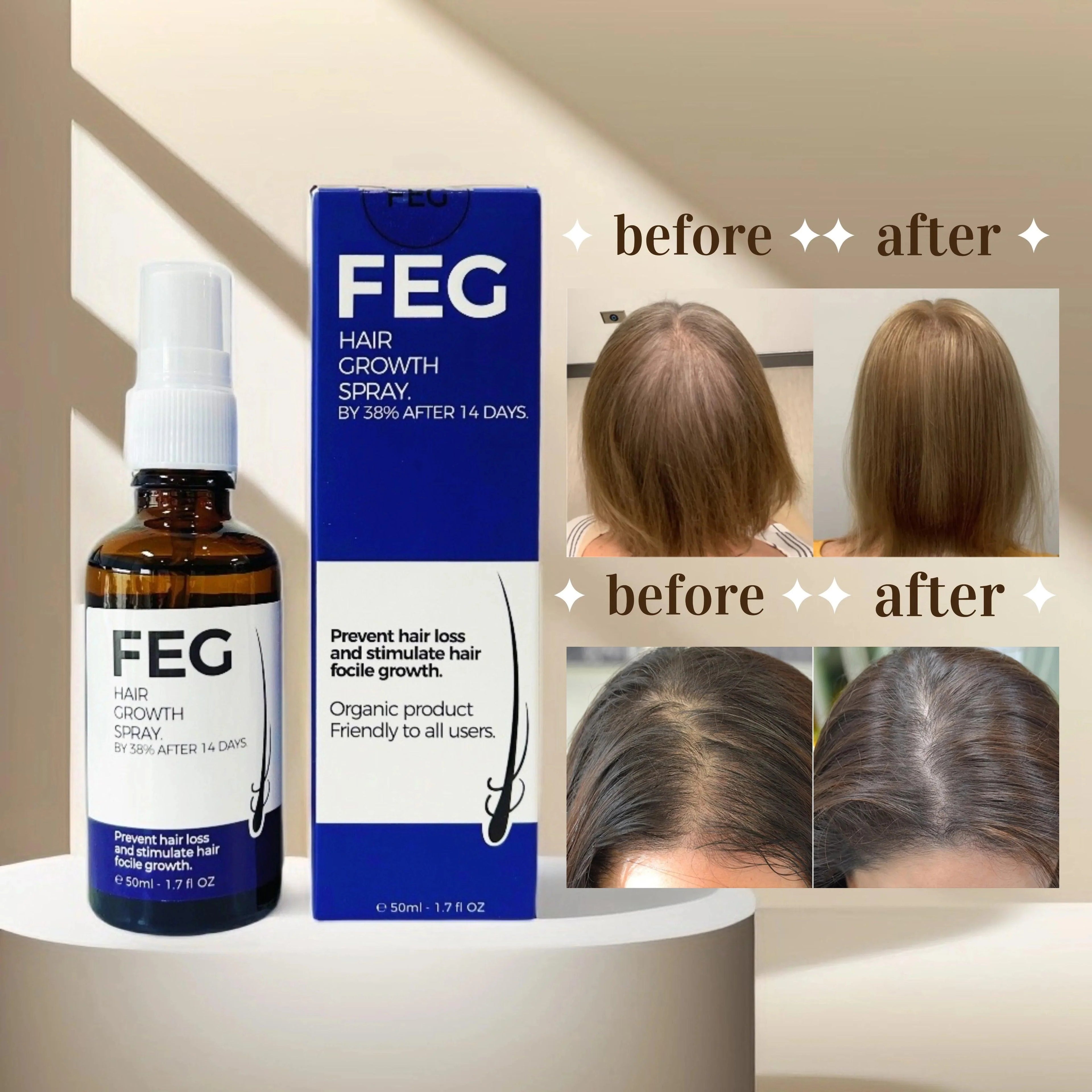 FEG PLUS Hair & Beard Growth Serum Spray 50ml | 22% Seaweed Extract, Rosemary, Redensyl, Anagain & 5% Minoxidil | Anti Hair Loss, Regrowth Treatment