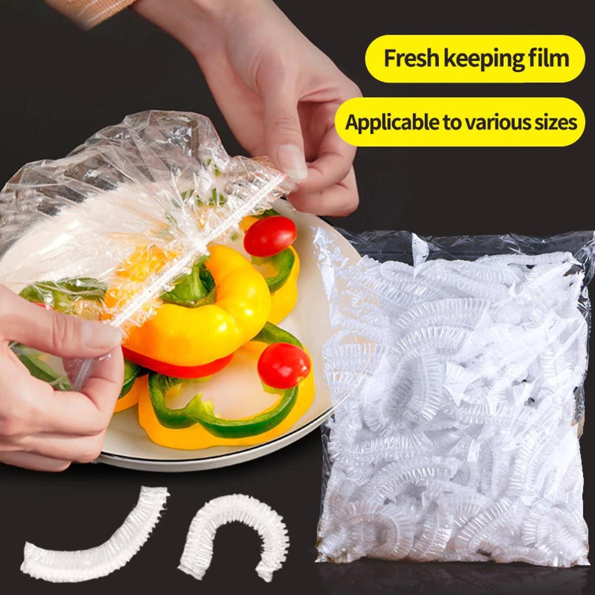 100pcs Stretchable Plastic Food Covers ? Disposable Transparent Wrap for Bowls, Plates, Fruits, Vegetables ? Anti-Dust, Food-Grade Cling Film