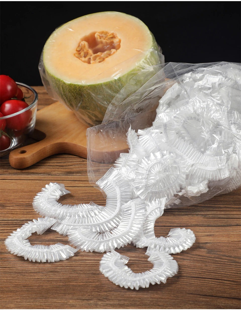 100pcs Stretchable Plastic Food Covers ? Disposable Transparent Wrap for Bowls, Plates, Fruits, Vegetables ? Anti-Dust, Food-Grade Cling Film