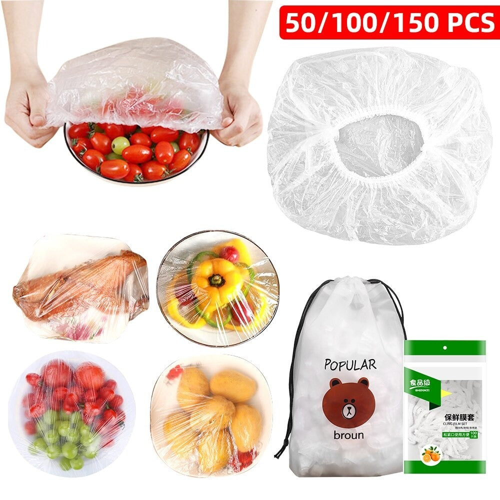 100pcs Stretchable Plastic Food Covers ? Disposable Transparent Wrap for Bowls, Plates, Fruits, Vegetables ? Anti-Dust, Food-Grade Cling Film
