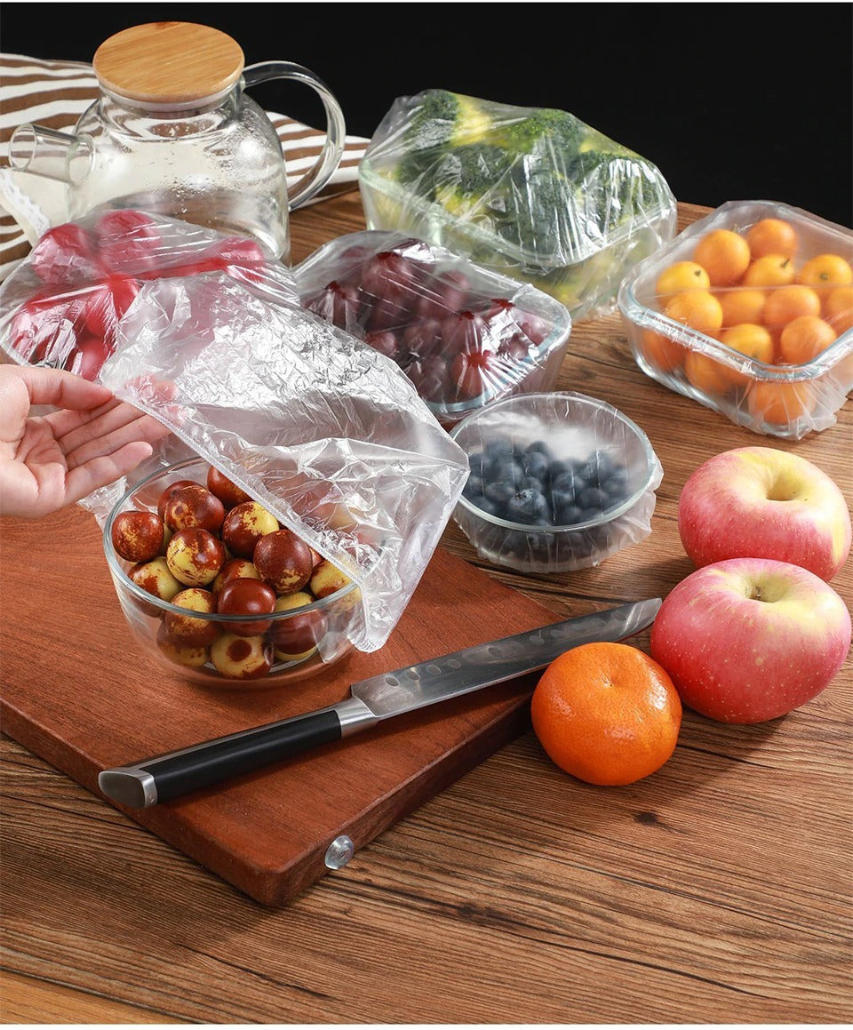 100pcs Stretchable Plastic Food Covers ? Disposable Transparent Wrap for Bowls, Plates, Fruits, Vegetables ? Anti-Dust, Food-Grade Cling Film