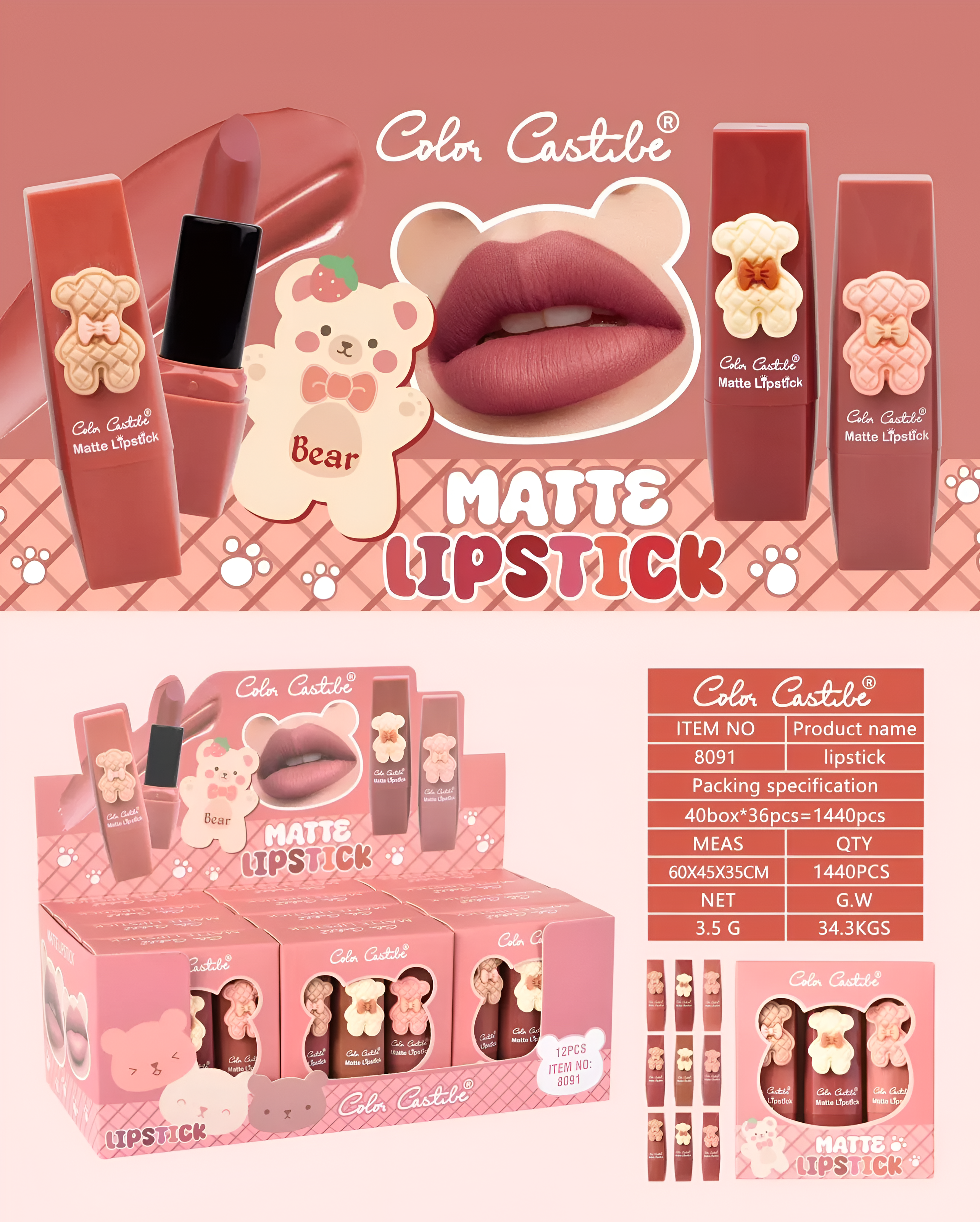 Color Castile Pack of 3 Bear Shape Matte Lipsticks ? Long-Lasting, Bold & Vibrant Makeup Essential