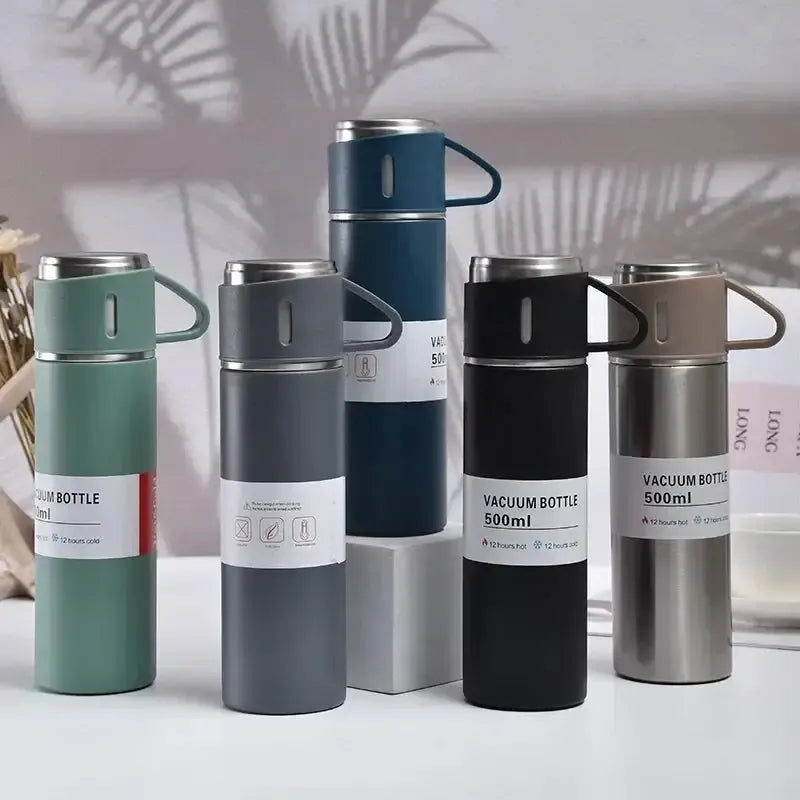 500ml Stainless Steel Vacuum Flask Water Bottle with 2 Extra Cups (160ml) ? Thermal Bottle for Hot & Cold Drinks ? 3-Piece Travel Thermos Set