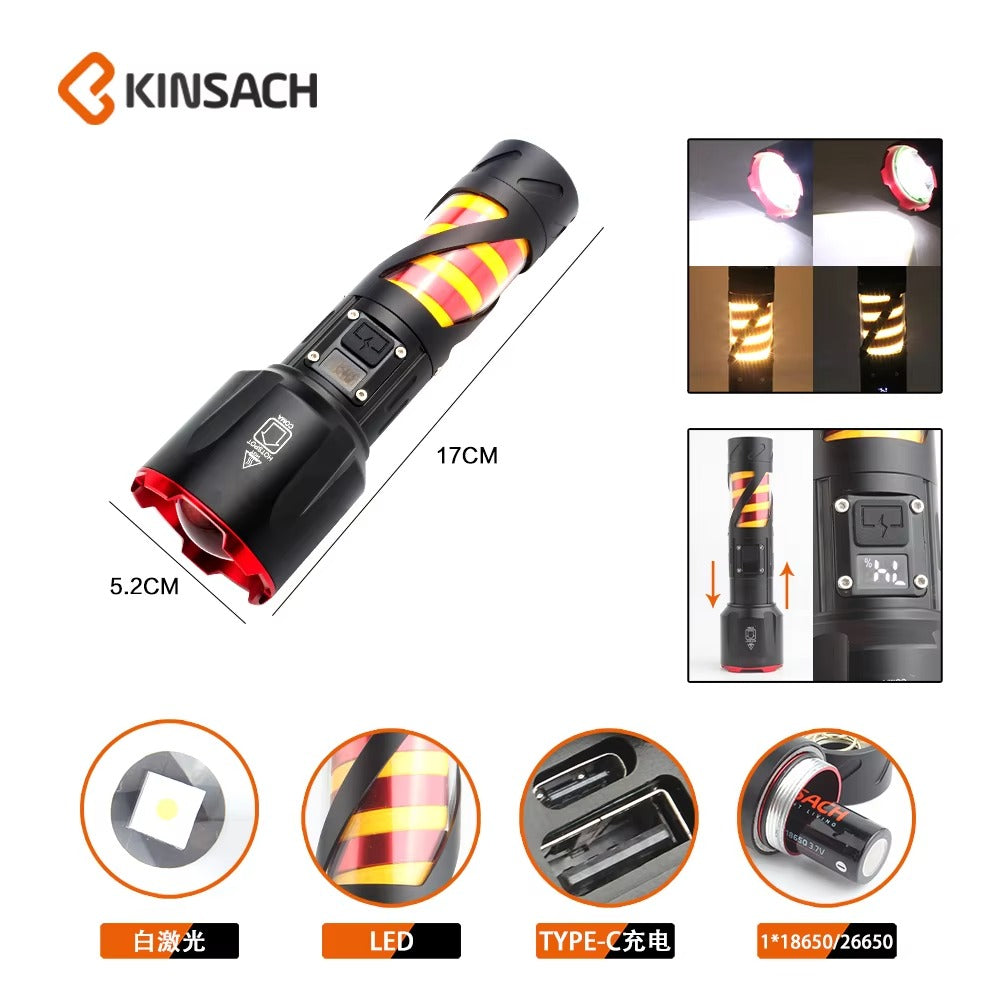 Long Range LED Rechargeable Flashlight ? 26650 Battery, Power Bank Function, Battery Level Display, Zoom