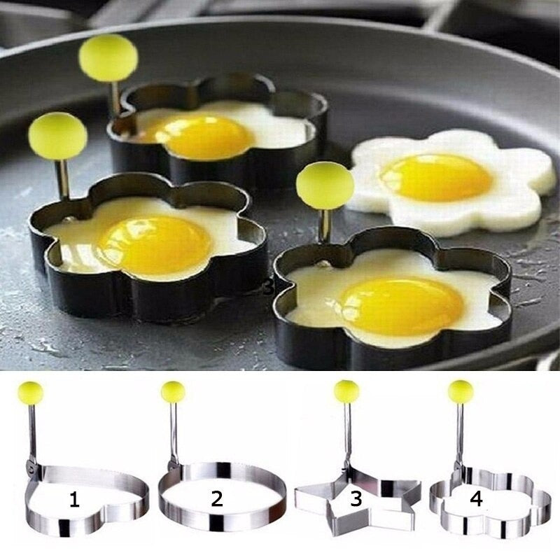 4PCs Stainless Steel Egg Ring Mold Set ? Fun Shaped Fried Egg & Pancake Moulds (Star, Heart, Flower, Circle) for Creative Cooking