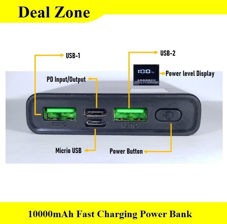 10000mAh Power Bank ? PD Fast Charging with Digital Display & Full Capacity Backup (Random color)