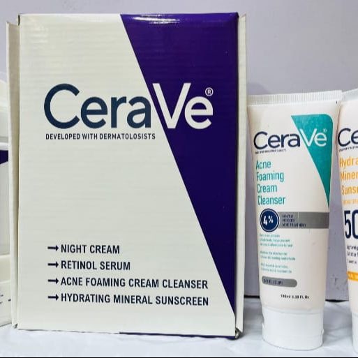 CeraVe Skincare Set ? Night Cream, Retinol Serum, Acne Foaming Cream Cleanser, and Hydrating Mineral Sunscreen SPF 50 ? Dermatologist Developed