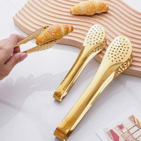 Mini Stainless Steel Food Serving Tong ? 6 Inch Strainer Tong with 28-Hole Flat Head for Salad, Ice Cubes, Pastries, Frying & Tea