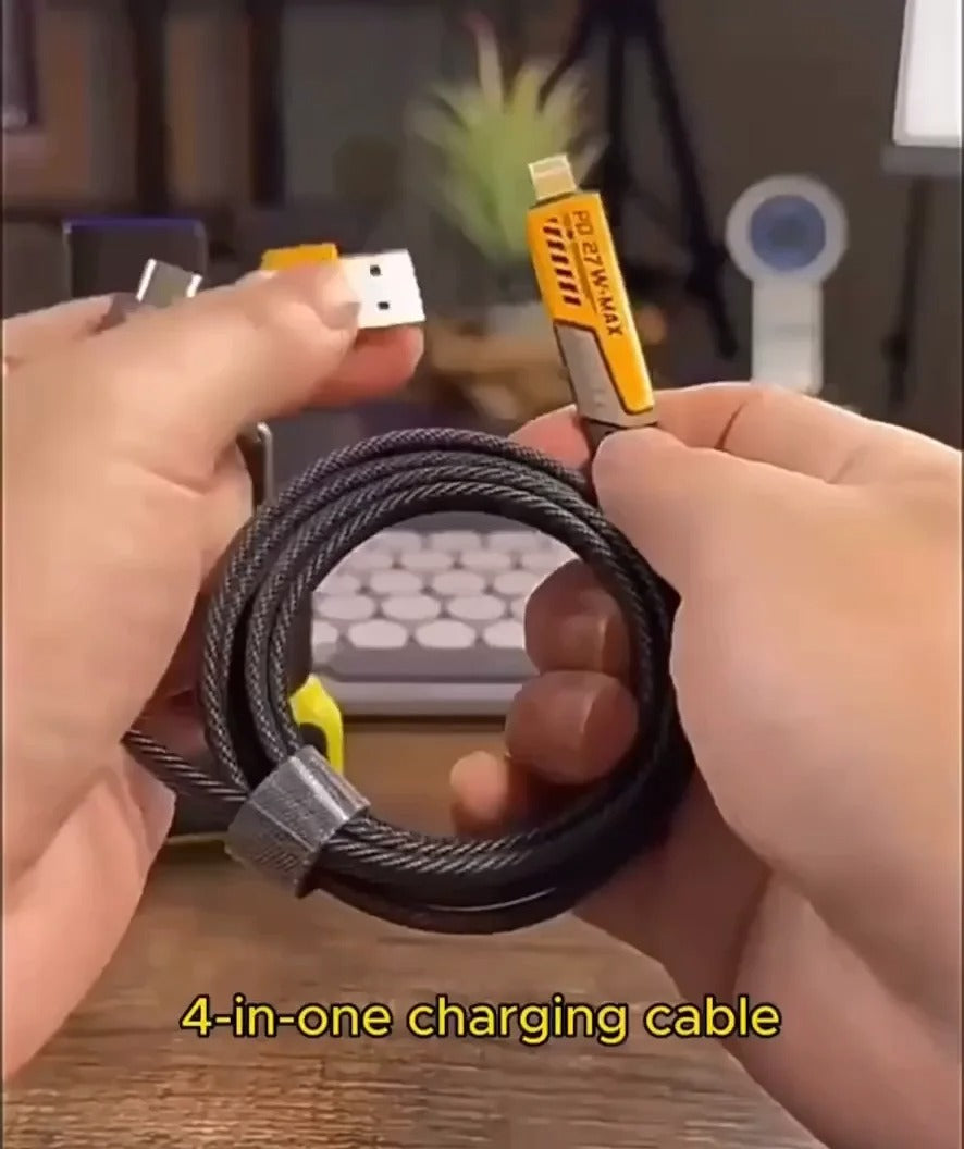 4 in 1 Data Cable Pack of 2 ? USB-C & Lightning Connectors, Braided Durable Design, Fast Charging & Data Transfer, Black with Yellow Connectors