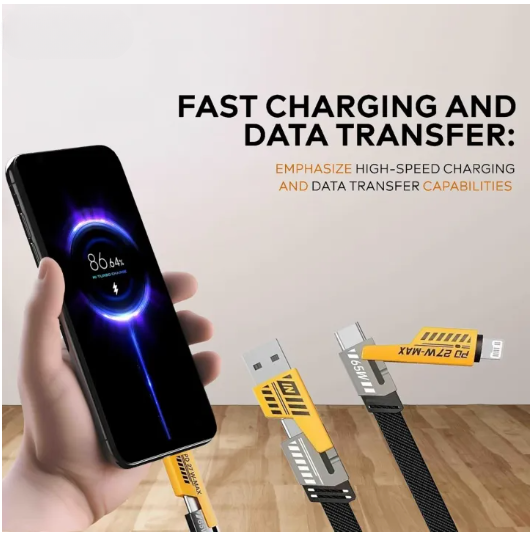 4 in 1 Data Cable Pack of 2 ? USB-C & Lightning Connectors, Braided Durable Design, Fast Charging & Data Transfer, Black with Yellow Connectors