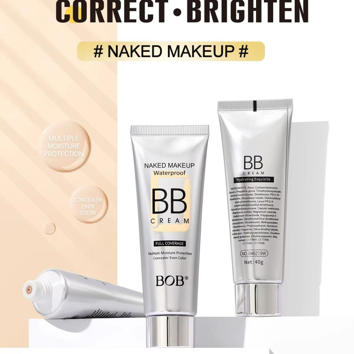 BOB Naked Makeup Waterproof Full Coverage BB Cream ? 40 Gram Pack, Original Long-Lasting Formula