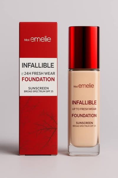 Emelie Cosmetics Infallible 24H Fresh Wear Foundation ? Natural Matte Finish, Long-Lasting, Waterproof, Sweat & Heat Proof with SPF 25