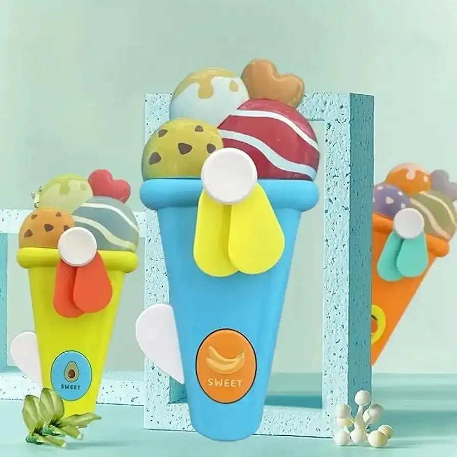 Handheld Ice Cream Cone Toy Fan for Kids ? Cute Cartoon Design, Safe Soft Blades, Portable Mini Fan for Summer Play & Cooling (Random Color)