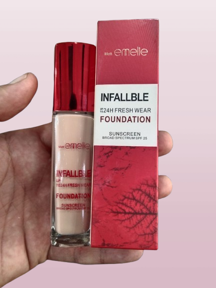 Emelie Cosmetics Infallible 24H Fresh Wear Foundation ? Natural Matte Finish, Long-Lasting, Waterproof, Sweat & Heat Proof with SPF 25