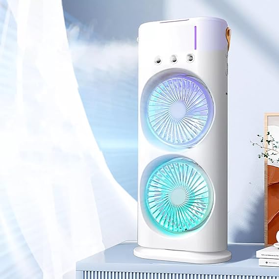 Portable Mini Double Fan Air Cooler With Mist Humidifier and Led lighting, Mini Table Cooling Fan For Home &amp; Office - Rechargeable ( Random Color )