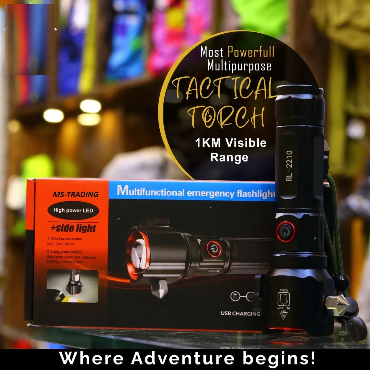 Rl-2210 Multifunctional Rechargeable LED Emergency Flashlight with Side Work Light &amp; USB Charging ? Ultra-Bright, Portable &amp; Durable Torch for Home, Car &amp; Outdoors