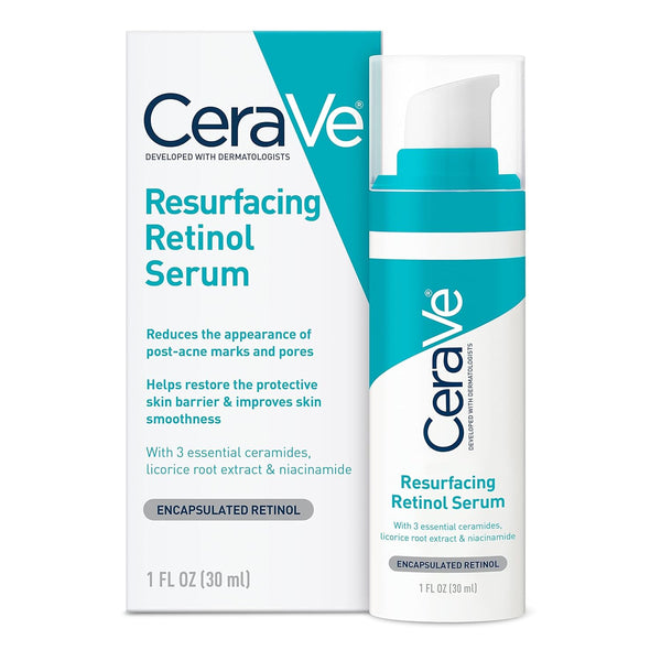 CeraVe Resurfacing Retinol Serum For Post Acne Marks, Formulated With Licorice Root Extract &amp; Niacinamide, Brightening Serum &amp; Pore Minimizer For Face, Post Acne Skin Barrier Repair, Non-Comedogenic - 30ml