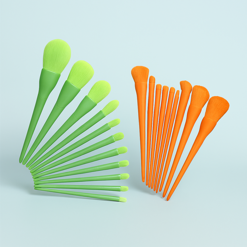 10 Pcs Professional Makeup Brush Set ? Face, Eyes &amp; Lips | Concealer, Blush, Eyeshadow, Highlighter | Orange &amp; Green Colors