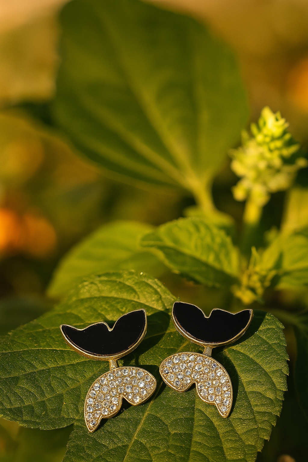 Zircon Butterfly Style Earrings for Women ? Elegant Golden &amp; Silver Studs with Black Enamel and Sparkling Stones (AWJ-997)