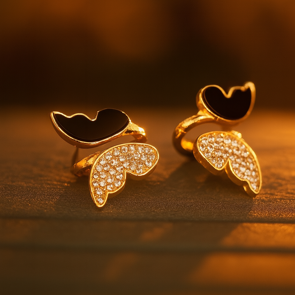 Zircon Butterfly Style Earrings for Women ? Elegant Golden &amp; Silver Studs with Black Enamel and Sparkling Stones (AWJ-997)