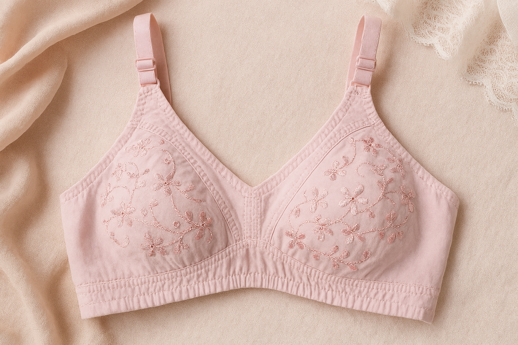 01 PCs Cotton Embroidered Chikan Bra for Women ? Soft Breathable Fabric, Floral Design, Adjustable Straps, 2-Hook Closure, Daily Wear